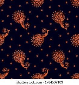 Bandana Print. Vector Seamless Pattern With Paisley Ornament. Silk Neck Scarf Or Kerchief. Floral Vintage Background. Asian Textile. Tribal Texture. Bohemian Style. Indian Motif. 