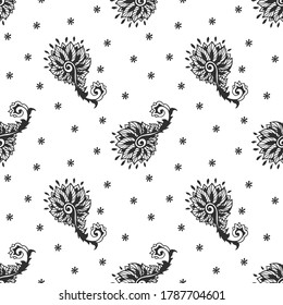 Bandana Print. Vector seamless pattern with paisley ornament. Silk neck scarf or kerchief. Floral vintage background. Asian textile. Tribal texture. Bohemian style. Indian motif. 