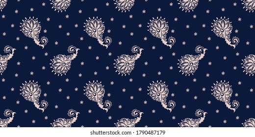 Bandana Print. Vector seamless pattern with paisley ornament. Silk neck scarf or kerchief. Floral vintage background. Asian textile. Tribal texture. Bohemian style. Indian motif. 