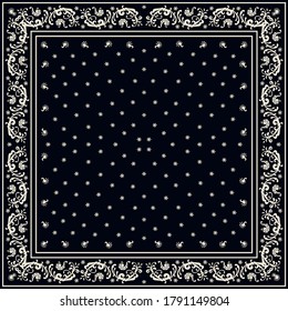 Bandana Print. Vector seamless pattern with paisley ornament. Silk neck scarf or kerchief. Floral vintage background. Asian textile. Tribal texture. Bohemian style. Indian motif. 