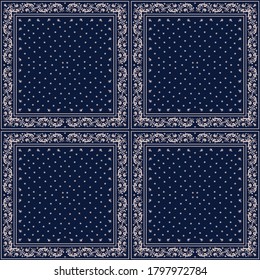 Bandana Print. Vector seamless pattern with paisley ornament. Silk neck scarf or kerchief. Floral vintage background. Asian textile. Tribal texture. Bohemian style. Indian motif. 