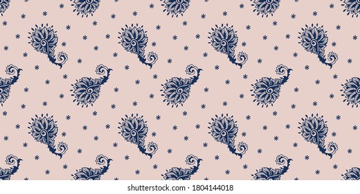 Bandana Print. Vector seamless pattern with paisley ornament. Silk neck scarf or kerchief. Floral vintage background. Asian textile. Tribal texture. Bohemian style. Indian motif. 