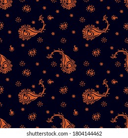 Bandana Print. Vector seamless pattern with paisley ornament. Silk neck scarf or kerchief. Floral vintage background. Asian textile. Tribal texture. Bohemian style. Indian motif. 