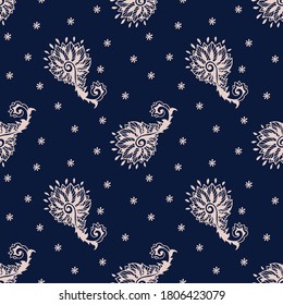 Bandana Print. Vector seamless pattern with paisley ornament. Silk neck scarf or kerchief. Floral vintage background. Asian textile. Tribal texture. Bohemian style. Indian motif. 