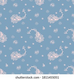 Bandana Print. Vector seamless pattern with paisley ornament. Silk neck scarf or kerchief. Floral vintage background. Asian textile. Tribal texture. Bohemian style. Indian motif. 