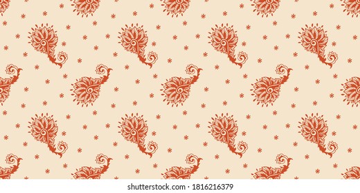 Bandana Print. Vector seamless pattern with paisley ornament. Silk neck scarf or kerchief. Floral vintage background. Asian textile. Tribal texture. Bohemian style. Indian motif. 