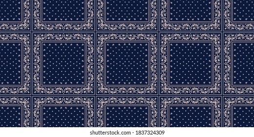Impresión de Bandana. Patrón vectorial sin fisuras con adorno paisley. Escarcha o pañuelo en el cuello de seda. Fondo floral vintage. Textil asiático. Textura tribal. Estilo bohemio. Motif indio. 