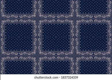 Bandana Print. Vector seamless pattern with paisley ornament. Silk neck scarf or kerchief. Floral vintage background. Asian textile. Tribal texture. Bohemian style. Indian motif. 