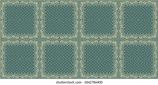 Bandana Print. Vector seamless pattern with paisley ornament. Silk neck scarf or kerchief. Floral vintage background. Asian textile. Tribal texture. Bohemian style. Indian motif. 