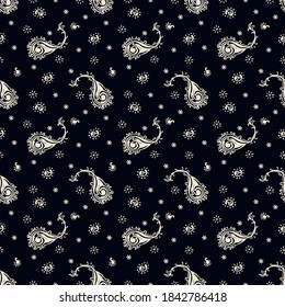 Bandana Print. Vector seamless pattern with paisley ornament. Silk neck scarf or kerchief. Floral vintage background. Asian textile. Tribal texture. Bohemian style. Indian motif. 