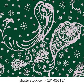 Bandana Print. Vector seamless pattern with paisley ornament. Silk neck scarf or kerchief. Floral vintage background. Asian textile. Tribal texture. Bohemian style. Indian motif. 