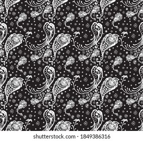 Impresión de Bandana. Patrón vectorial sin fisuras con adorno paisley. Escarcha o pañuelo en el cuello de seda. Fondo floral vintage. Textil asiático. Textura tribal. Estilo bohemio. Motif indio. 