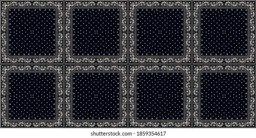 Bandana Print. Vektor nahtloses Muster mit Pisley-Ornament. Seidenhalsschal oder Taschentuch. Blauer Vintage-Hintergrund. asiatischer Textil. Stammesstruktur. Böhmischer Stil. Indisches Motiv. 