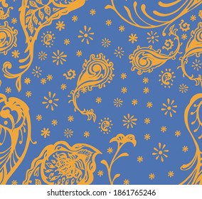 Bandana Print. Vector seamless pattern with paisley ornament. Silk neck scarf or kerchief. Floral vintage background. Asian textile. Tribal texture. Bohemian style. Indian motif. 