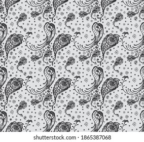 Bandana Print. Vector seamless pattern with paisley ornament. Silk neck scarf or kerchief. Floral vintage background. Asian textile. Tribal texture. Bohemian style. Indian motif. 