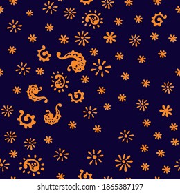 Bandana Print. Vector seamless pattern with paisley ornament. Silk neck scarf or kerchief. Floral vintage background. Asian textile. Tribal texture. Bohemian style. Indian motif. 