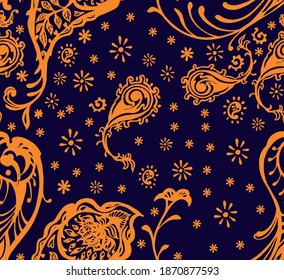 Bandana Print. Vector seamless pattern with paisley ornament. Silk neck scarf or kerchief. Floral vintage background. Asian textile. Tribal texture. Bohemian style. Indian motif. 