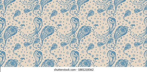 Bandana Print. Vektor nahtloses Muster mit Pisley-Ornament. Seidenhalsschal oder Taschentuch. Blauer Vintage-Hintergrund. asiatischer Textil. Stammesstruktur. Böhmischer Stil. Indisches Motiv.