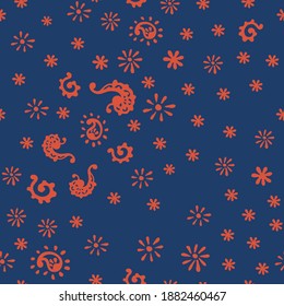 Bandana Print. Vector seamless pattern with paisley ornament. Silk neck scarf or kerchief. Floral vintage background. Asian textile. Tribal texture. Bohemian style. Indian motif.