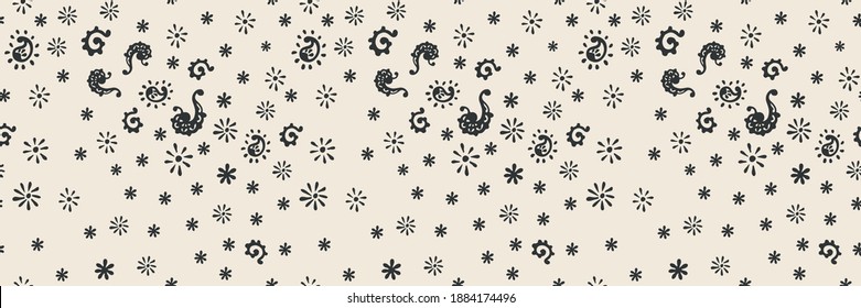Bandana Print. Vector seamless pattern with paisley ornament. Silk neck scarf or kerchief. Floral vintage background. Asian textile. Tribal texture. Bohemian style. Indian motif.