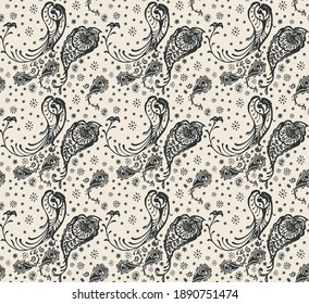 Bandana Print. Vektor nahtloses Muster mit Pisley-Ornament. Seidenhalsschal oder Taschentuch. Blauer Vintage-Hintergrund. asiatischer Textil. Stammesstruktur. Böhmischer Stil. Indisches Motiv.
