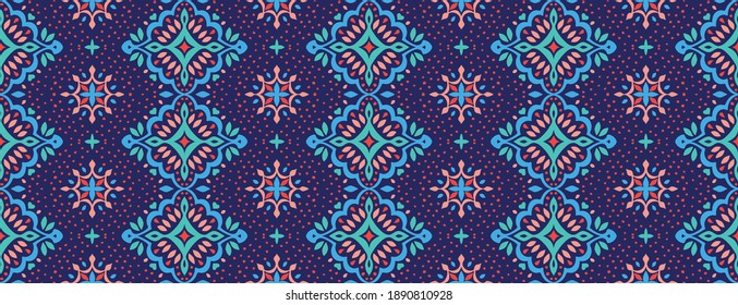 Bandana Print. Vektor nahtloses Muster mit Pisley-Ornament. Seidenhalsschal oder Taschentuch. Blauer Vintage-Hintergrund. asiatischer Textil. Stammesstruktur. Böhmischer Stil. Indisches Motiv.