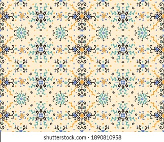 Bandana Print. Vector seamless pattern with paisley ornament. Silk neck scarf or kerchief. Floral vintage background. Asian textile. Tribal texture. Bohemian style. Indian motif.