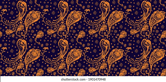 Bandana Print. Vector seamless pattern with paisley ornament. Silk neck scarf or kerchief. Floral vintage background. Asian textile. Tribal texture. Bohemian style. Indian motif.