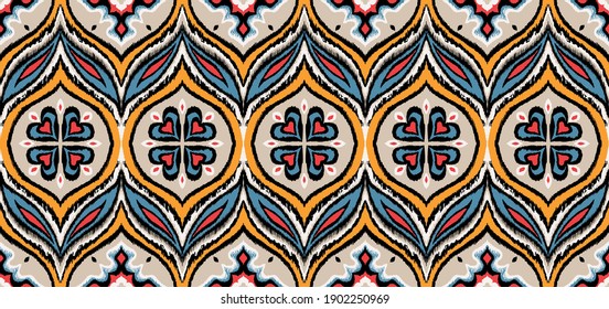 Bandana Print. Vector seamless pattern with paisley ornament. Silk neck scarf or kerchief. Floral vintage background. Asian textile. Tribal texture. Bohemian style. Indian motif.