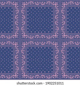 Bandana Print. Vector seamless pattern with paisley ornament. Silk neck scarf or kerchief. Floral vintage background. Asian textile. Tribal texture. Bohemian style. Indian motif.