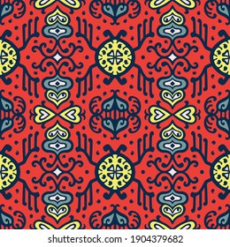 Impresión de Bandana. Patrón vectorial sin fisuras con adorno paisley. Escarcha o pañuelo en el cuello de seda. Fondo floral vintage. Textil asiático. Textura tribal. Estilo bohemio. Motif indio.