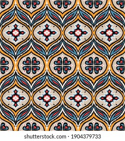 Bandana Print. Vector seamless pattern with paisley ornament. Silk neck scarf or kerchief. Floral vintage background. Asian textile. Tribal texture. Bohemian style. Indian motif.