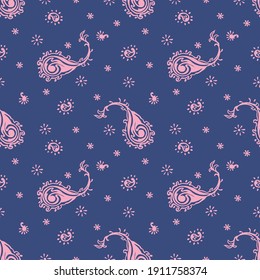 Bandana Print. Vector seamless pattern with paisley ornament. Silk neck scarf or kerchief. Floral vintage background. Asian textile. Tribal texture. Bohemian style. Indian motif.