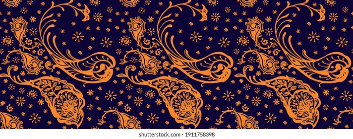 Bandana Print. Vector seamless pattern with paisley ornament. Silk neck scarf or kerchief. Floral vintage background. Asian textile. Tribal texture. Bohemian style. Indian motif.