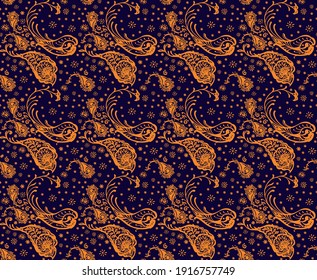 Bandana Print. Vektor nahtloses Muster mit Pisley-Ornament. Seidenhalsschal oder Taschentuch. Blauer Vintage-Hintergrund. asiatischer Textil. Stammesstruktur. Böhmischer Stil. Indisches Motiv.