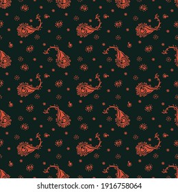 Bandana Print. Vector seamless pattern with paisley ornament. Silk neck scarf or kerchief. Floral vintage background. Asian textile. Tribal texture. Bohemian style. Indian motif.