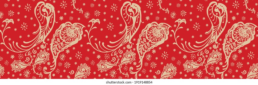 Bandana Print. Vector seamless pattern with paisley ornament. Silk neck scarf or kerchief. Floral vintage background. Asian textile. Tribal texture. Bohemian style. Indian motif.