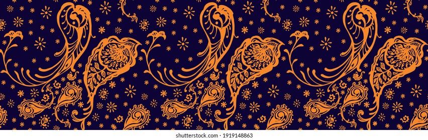 Bandana Print. Vector seamless pattern with paisley ornament. Silk neck scarf or kerchief. Floral vintage background. Asian textile. Tribal texture. Bohemian style. Indian motif.