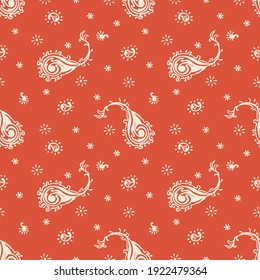 Bandana Print. Vector seamless pattern with paisley ornament. Silk neck scarf or kerchief. Floral vintage background. Asian textile. Tribal texture. Bohemian style. Indian motif.