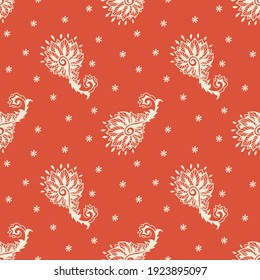 Bandana Print. Vector seamless pattern with paisley ornament. Silk neck scarf or kerchief. Floral vintage background. Asian textile. Tribal texture. Bohemian style. Indian motif.