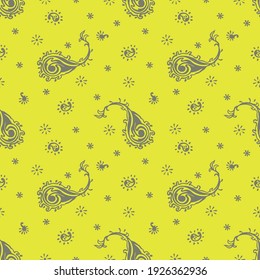 Bandana Print. Vector seamless pattern with paisley ornament. Silk neck scarf or kerchief. Floral vintage background. Asian textile. Tribal texture. Bohemian style. Indian motif.
