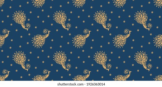 Bandana Print. Vektor nahtloses Muster mit Pisley-Ornament. Seidenhalsschal oder Taschentuch. Blauer Vintage-Hintergrund. asiatischer Textil. Stammesstruktur. Böhmischer Stil. Indisches Motiv.