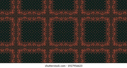 Bandana Print. Vector seamless pattern with paisley ornament. Silk neck scarf or kerchief. Floral vintage background. Asian textile. Tribal texture. Bohemian style. Indian motif.