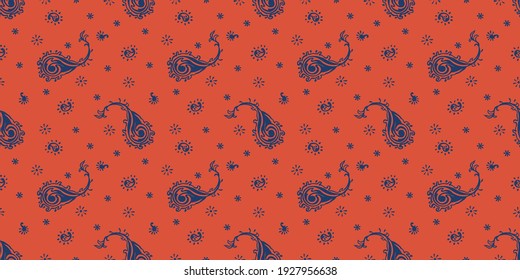 Bandana Print. Vektor nahtloses Muster mit Pisley-Ornament. Seidenhalsschal oder Taschentuch. Blauer Vintage-Hintergrund. asiatischer Textil. Stammesstruktur. Böhmischer Stil. Indisches Motiv.