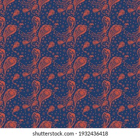 Bandana Print. Vector seamless pattern with paisley ornament. Silk neck scarf or kerchief. Floral vintage background. Asian textile. Tribal texture. Bohemian style. Indian motif.