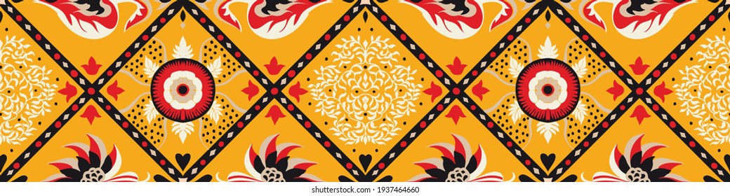 Bandana Print. Vector seamless pattern with paisley ornament. Silk neck scarf or kerchief. Floral vintage background. Asian textile. Tribal texture. Bohemian style. Indian motif.