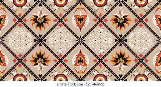 Bandana Print. Vector seamless pattern with paisley ornament. Silk neck scarf or kerchief. Floral vintage background. Asian textile. Tribal texture. Bohemian style. Indian motif.