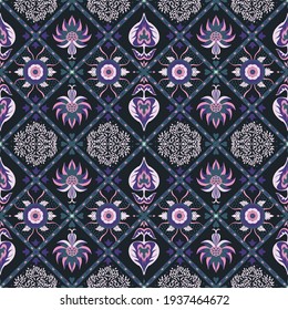 Bandana Print. Vector seamless pattern with paisley ornament. Silk neck scarf or kerchief. Floral vintage background. Asian textile. Tribal texture. Bohemian style. Indian motif.