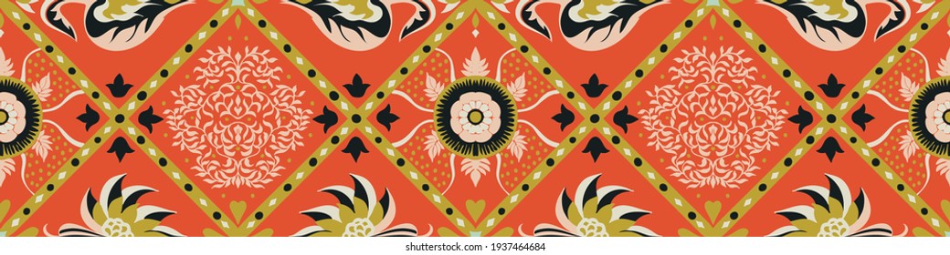 Bandana Print. Vector seamless pattern with paisley ornament. Silk neck scarf or kerchief. Floral vintage background. Asian textile. Tribal texture. Bohemian style. Indian motif.