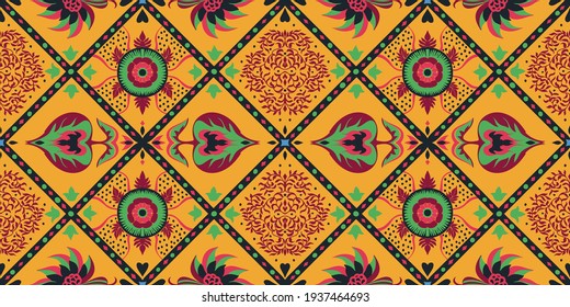 Bandana Print. Vector seamless pattern with paisley ornament. Silk neck scarf or kerchief. Floral vintage background. Asian textile. Tribal texture. Bohemian style. Indian motif.